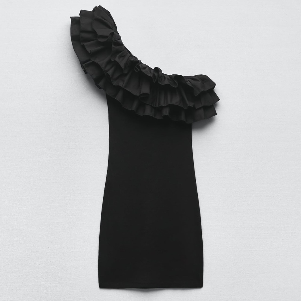 Zara Black One-Shoulder Ruffle Mini Dress - Picture 6 of 8